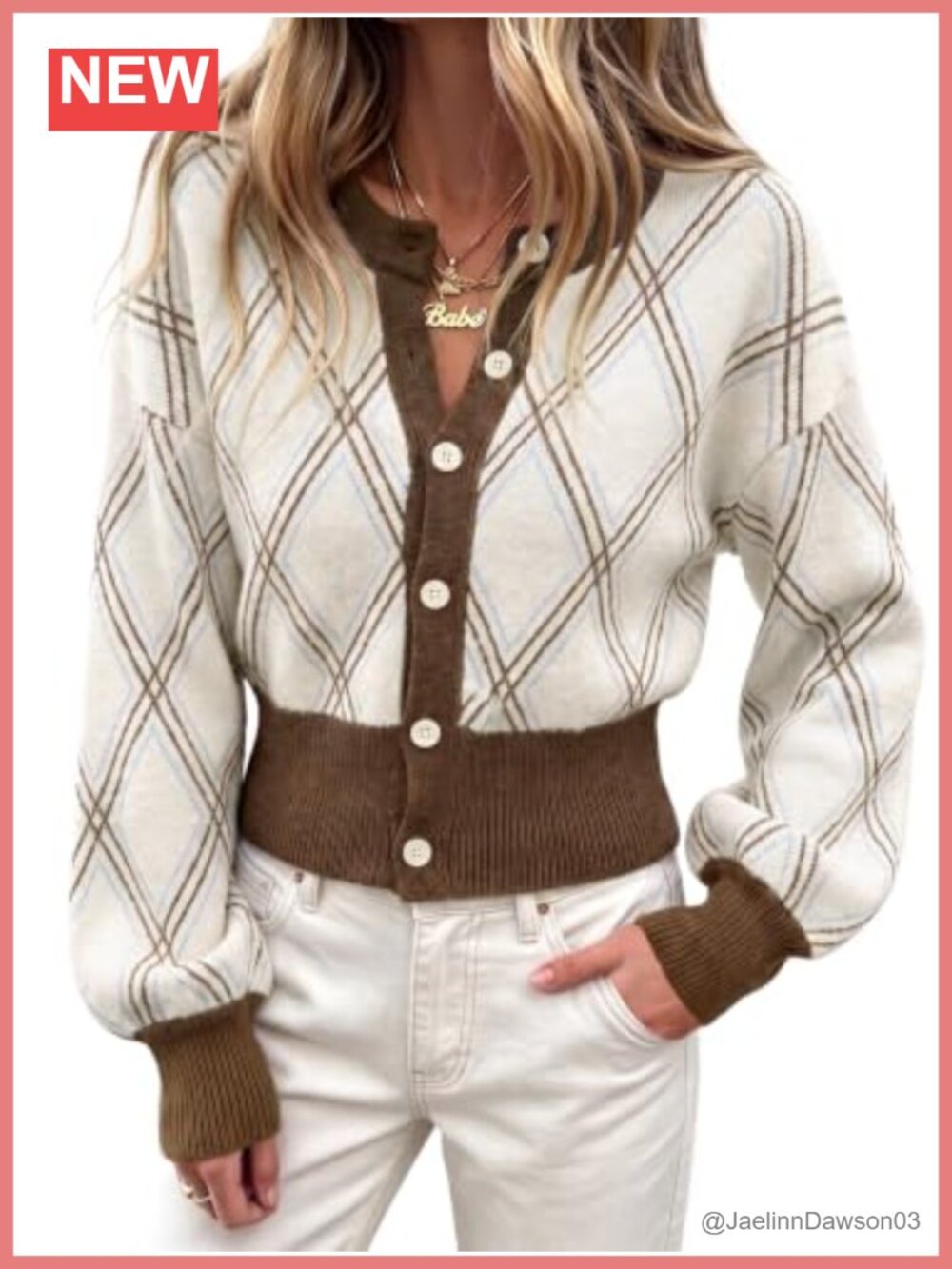 Cropped Argyle Plaid Cardigan Sweater Preppy Long Sleeve Button Down